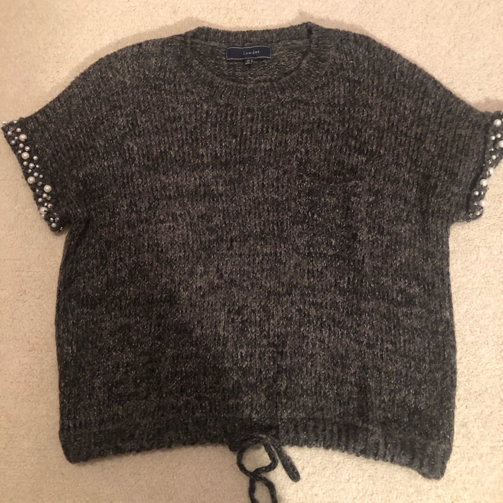 Dark Grey Short Sleeve Sweater with Pearl Details